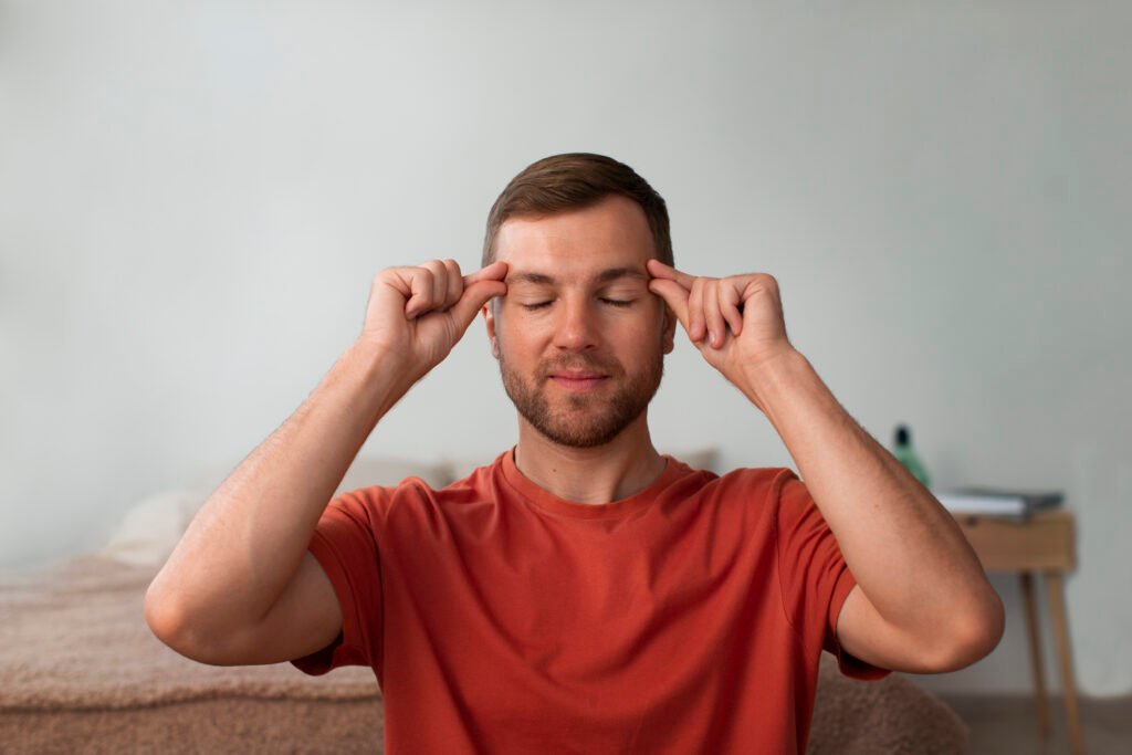 front view man practicing facial yoga